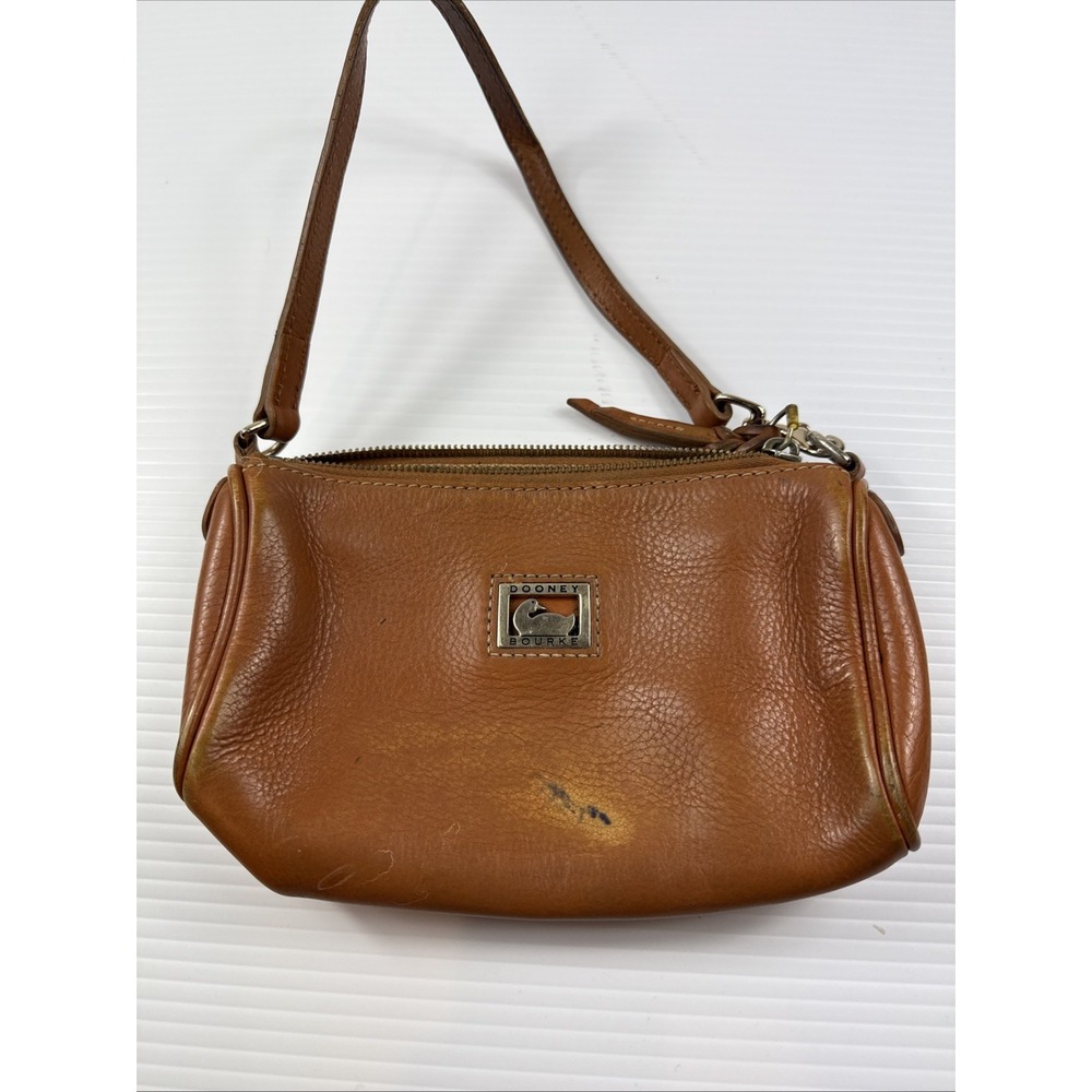 Vintage Dooney & Bourke Small Brown Leather Zip Wristlet Bag Red Lining Stained